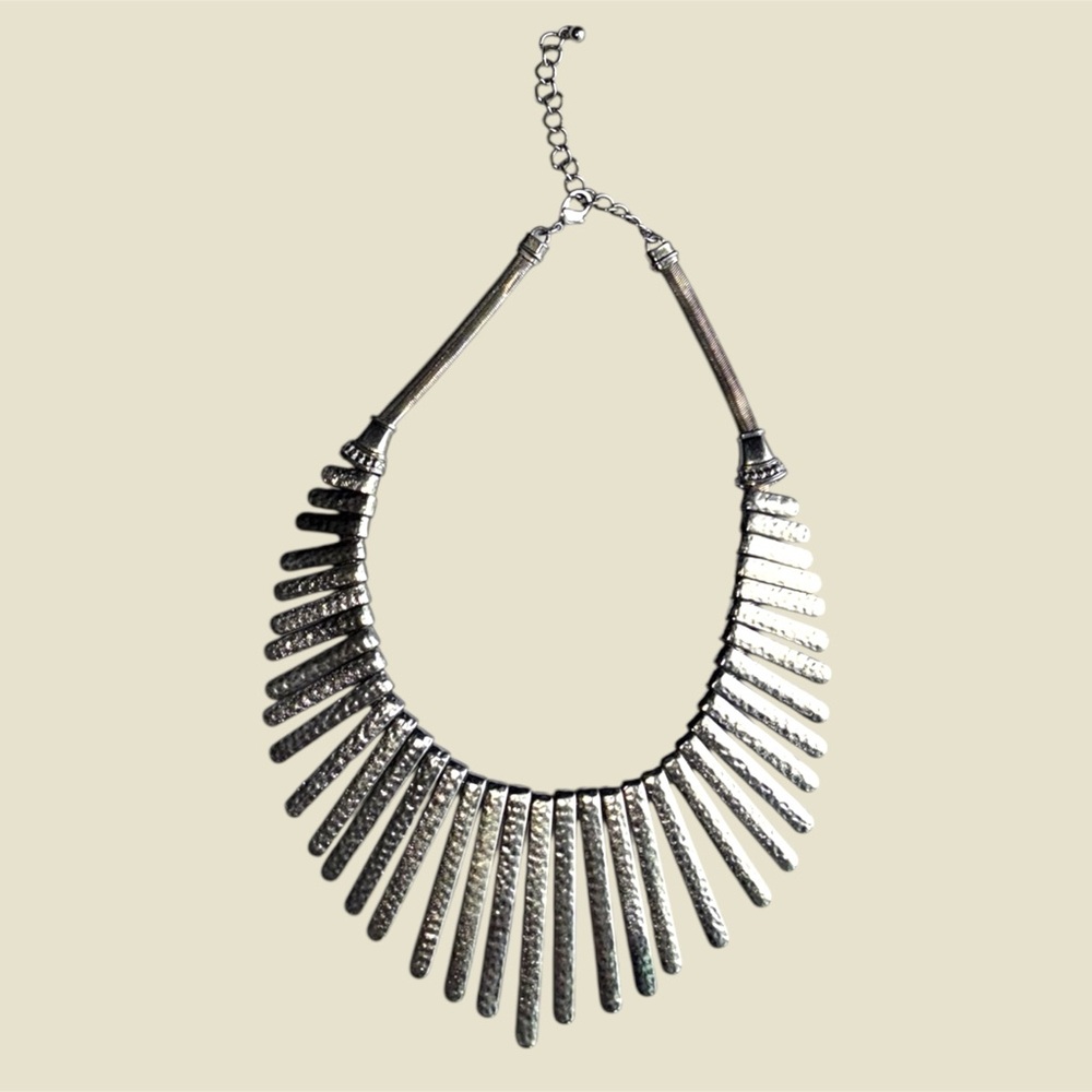 Silver Tone Fringe Chunky Statement Necklace - Picture 3 of 5